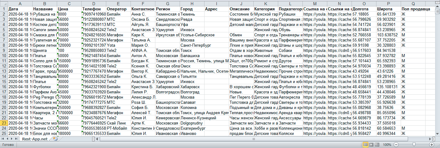 База мобильных номеров Youla.ru в Excel